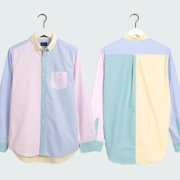 GANT Mixed Panel Oxford Button Down Shirt Pastel Colors Evening Party Night Out - Picture 2 of 13